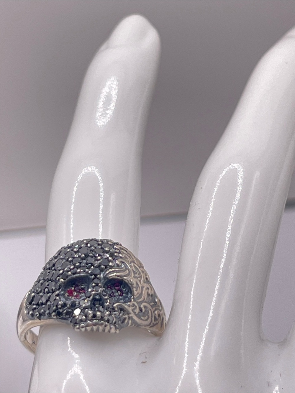 David Yurman Sterling Silver Skull Ring with Black Diamonds and Rubies - Picture 13 of 16